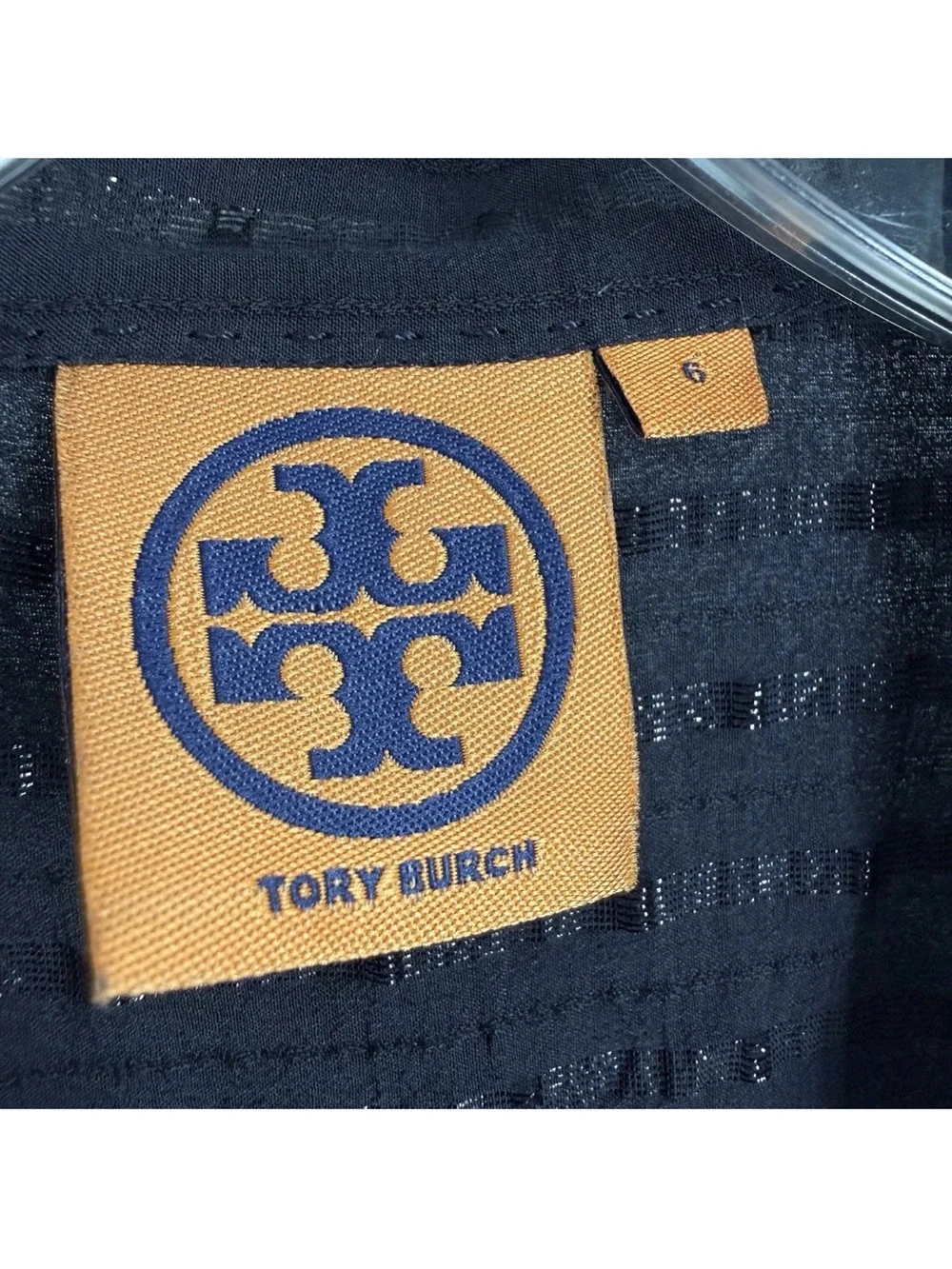 Tory Burch Ruffle Blouse Womens Size 6 Navy Shimmer Sheer Button Up Shirt